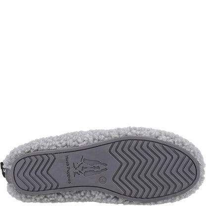 Bottom sole view of a womens Hush Puppies Emily slipper in a fluffy grey coloured fabric.