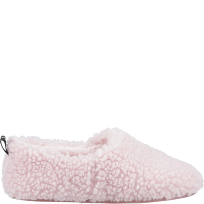 Pink fluffy womens Hush Puppies slippers on a white background