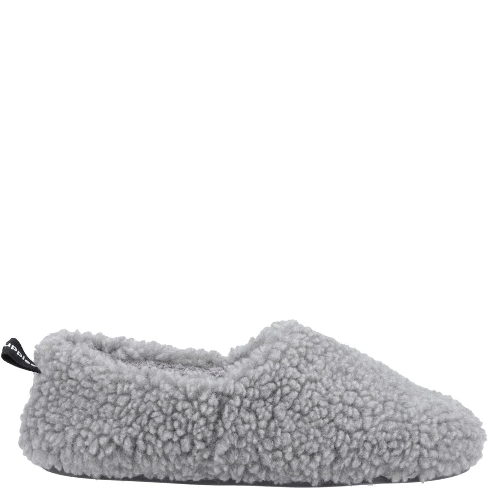 Side view of a womens Hush Puppies Emily fluffy slipper in a grey coloured fabric.