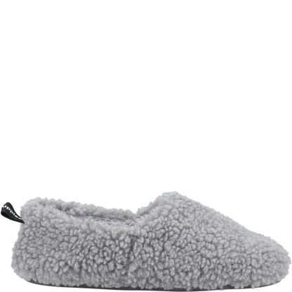 Side view of a womens Hush Puppies Emily fluffy slipper in a grey coloured fabric.