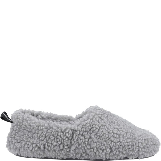 Side view of a womens Hush Puppies Emily fluffy slipper in a grey coloured fabric.