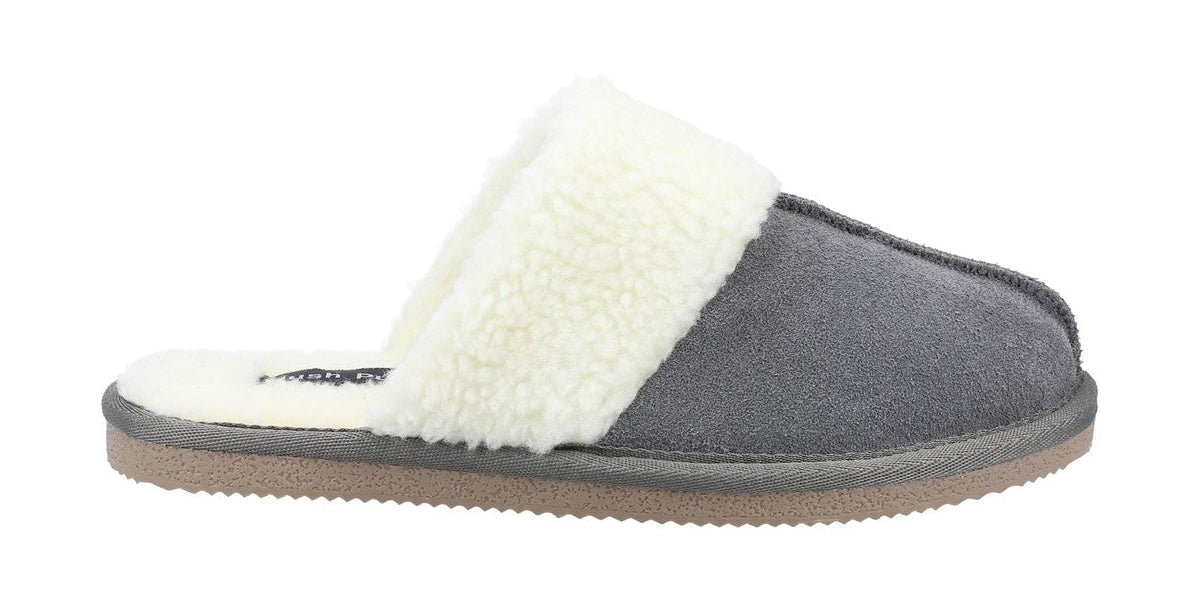 Side view of a womens Hush Puppies Arianna backless mule slipper in grey with faux fur lining.