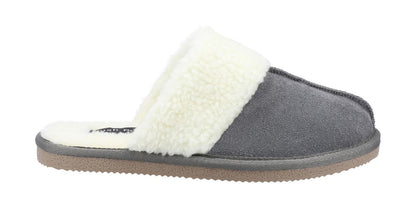 Side view of a womens Hush Puppies Arianna backless mule slipper in grey with faux fur lining.