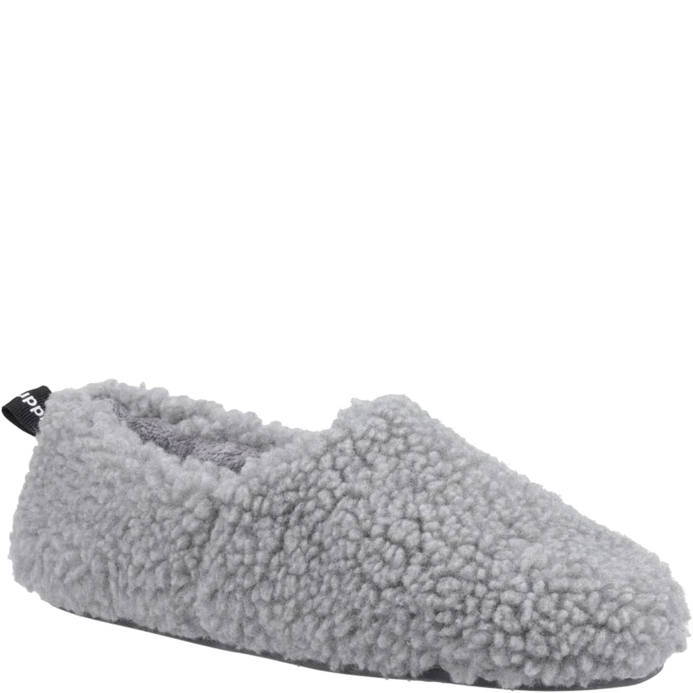 Main front view of a womens Hush Puppies Emily slipper in a fluffy grey coloured fabric.