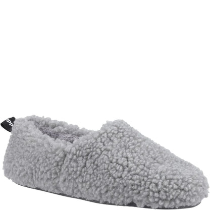 Main front view of a womens Hush Puppies Emily slipper in a fluffy grey coloured fabric.