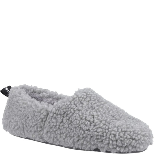 Main front view of a womens Hush Puppies Emily slipper in a fluffy grey coloured fabric.