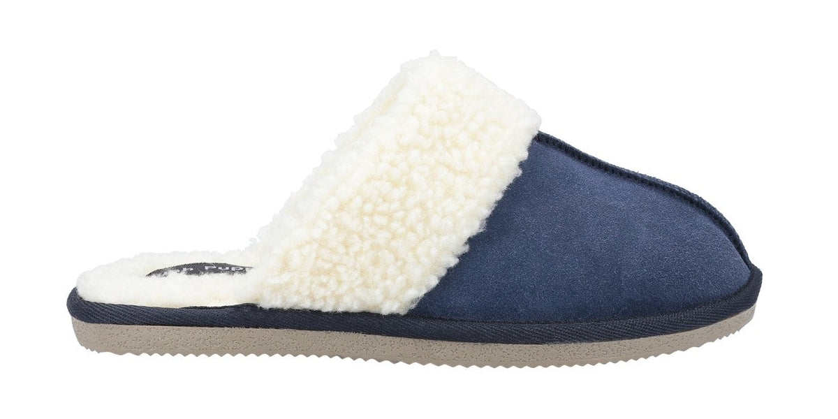 Side view of a navy womens Hush Puppies Arianna slip-on mule slipper with faux fur lining.