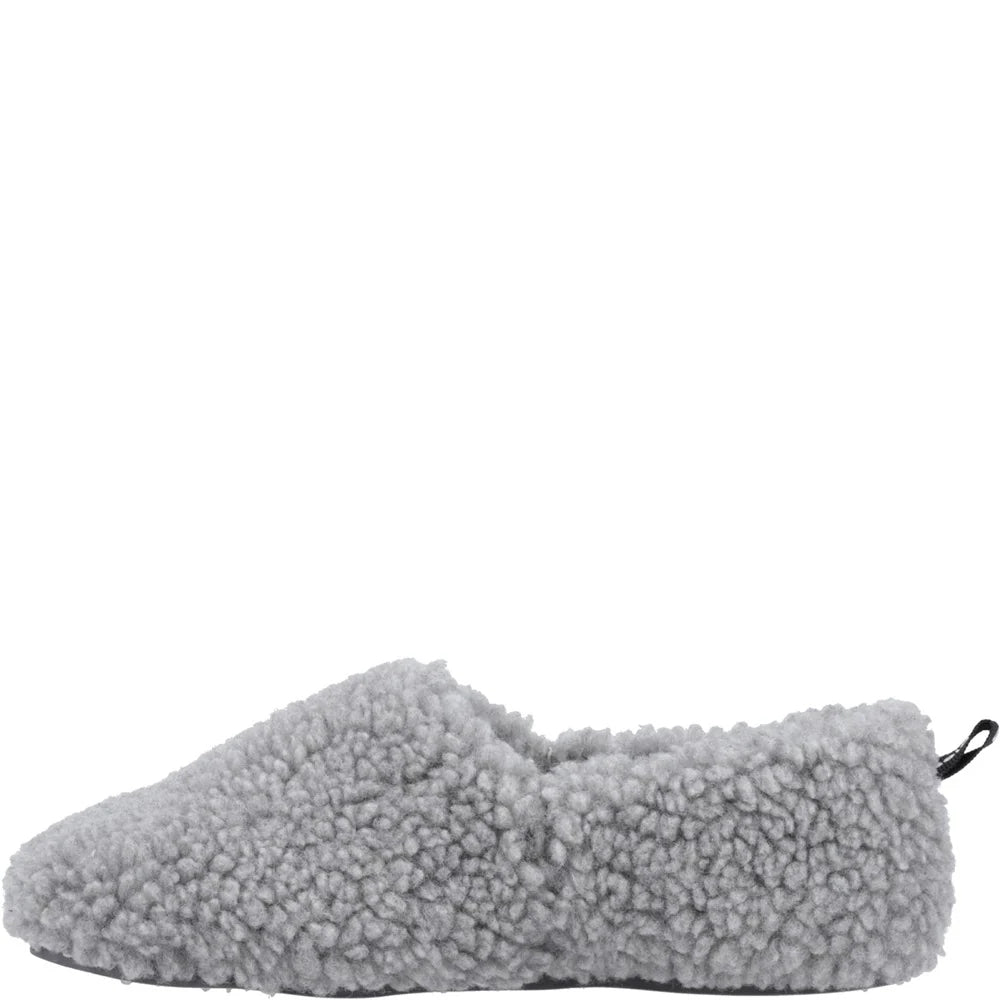 Side view of a womens Hush Puppies Emily slipper in a fluffy grey coloured fabric with logo label sewn on the heel.