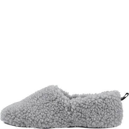 Side view of a womens Hush Puppies Emily slipper in a fluffy grey coloured fabric with logo label sewn on the heel.