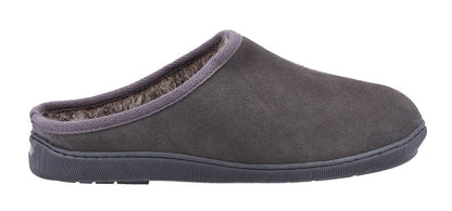 Side view of a Hush Puppies mens grey slip on Ashton slipper, with faux fur lining on a white background.