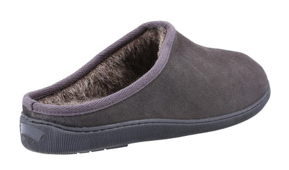 Back view of a mens grey Hush Puppies Ashton slipper, with faux fur lining on a white background.