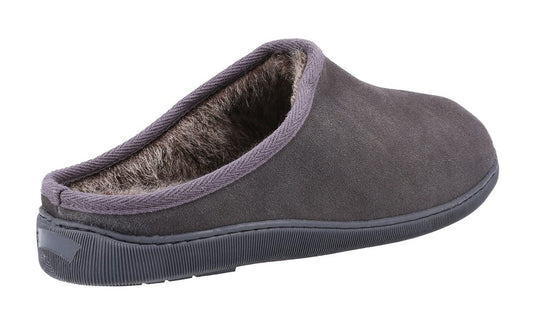 Back view of a mens grey Hush Puppies Ashton slipper, with faux fur lining on a white background.