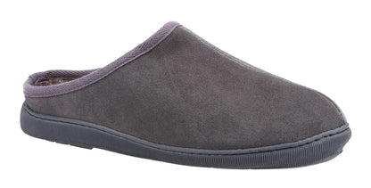 Main view of a mens Hush Puppies Ashton slip on mule style slipper in grey on a white background.