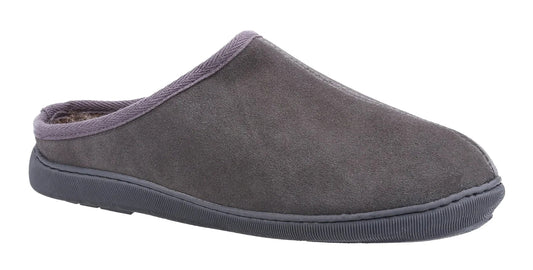 Main view of a mens Hush Puppies Ashton slip on mule style slipper in grey on a white background.