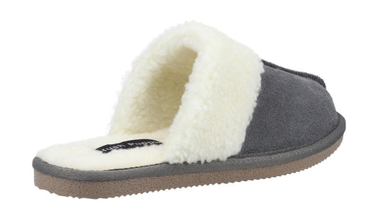 Back view of a womens Hush Puppies Arianna mule slipper in grey with a faux fur lining.