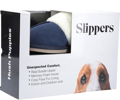 Womens navy Hush Puppies Arianna slippers in a shoe box on a white background.
