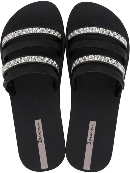 Ipanema womens slide sandals black with sparkling rhinestone straps and cushioned footbed
