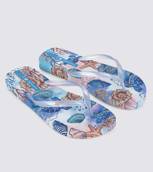 Ipanema womens tropical sea print flip flops with blue and coral shell and starfish design