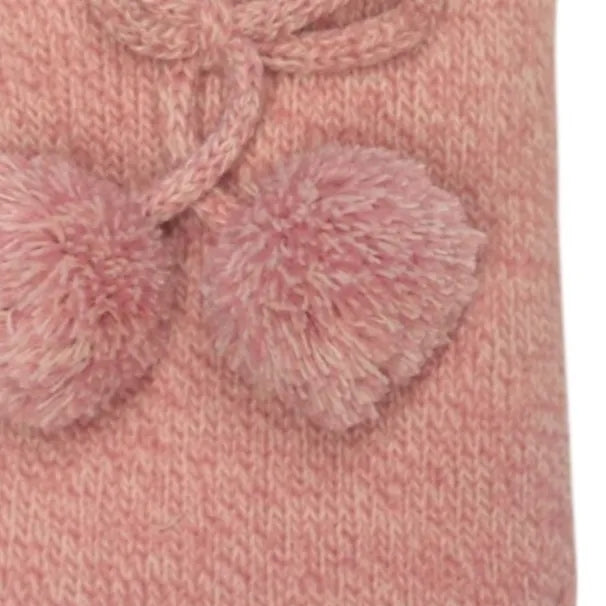 Close-up view of a womens Jess & Lou cosy slipper in pink marl with a decorative pom pom bow.