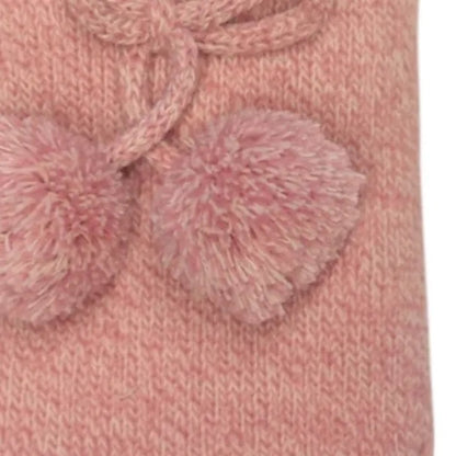 Close-up view of a womens Jess & Lou cosy slipper in pink marl with a decorative pom pom bow.