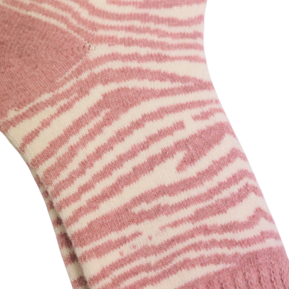 Close-up view of a pair of women's Jess & Lou cosy wool socks in a pink zebra print pattern.