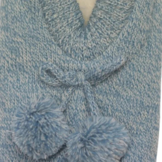 Close up view of the pom pom bow trim on a womens blue marl Jess & Lou slipper.