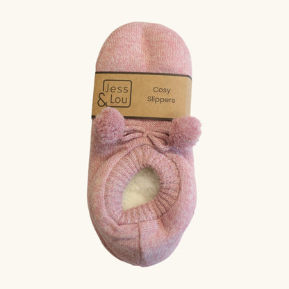 Main top view of a womens Jess & Lou cosy slipper in pink marl, featuring a white fluffy lining and decorative pom pom bow