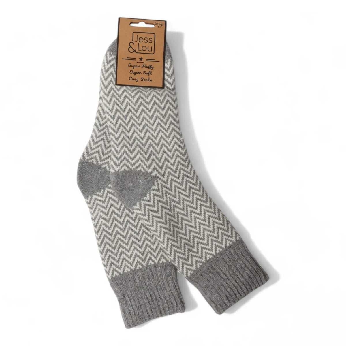 Main top view of a pair of womens Jess & Lou cosy wool blend sock in grey with a herringbone pattern.