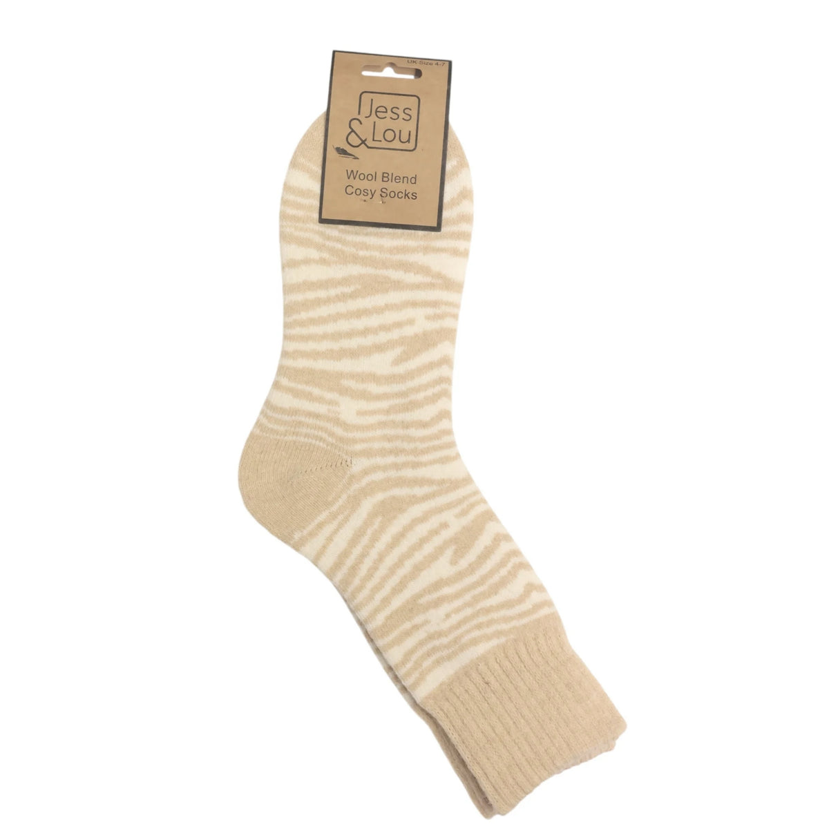 Main front view of a pair of womens Jess & Lou cosy wool blend socks in an oatmeal and white zebra print.
