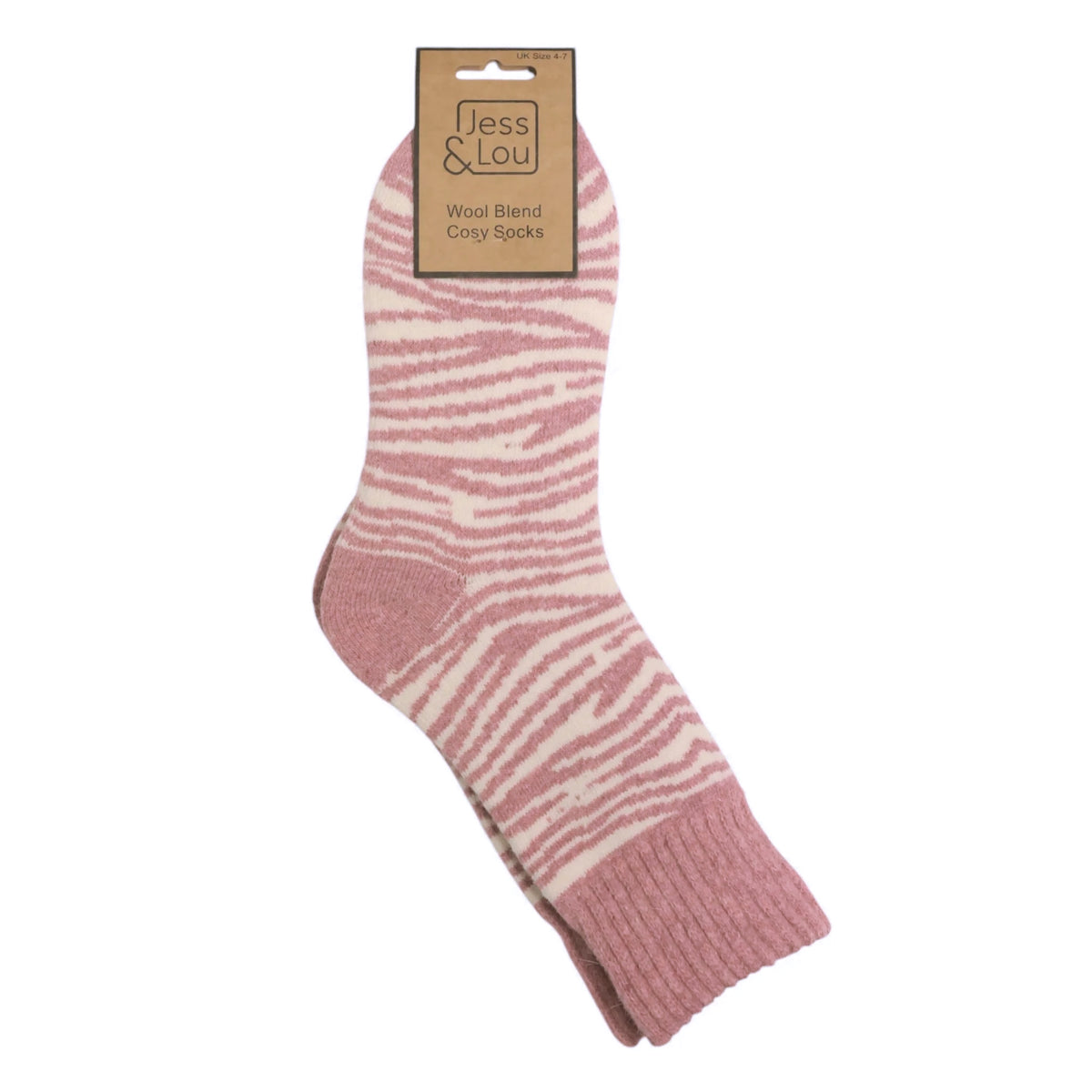 Main front view of a pair of women's Jess & Lou cosy wool socks in a pink zebra print pattern.