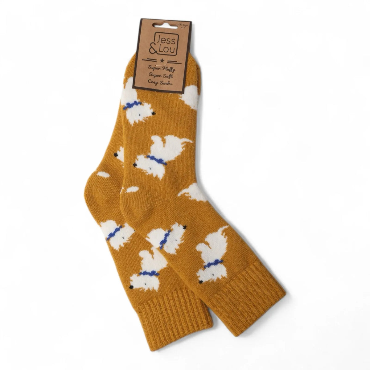 Main front view of a pair of womens Jess & Lou wool blend cosy socks in gold yellow with Westie Dog pattern.