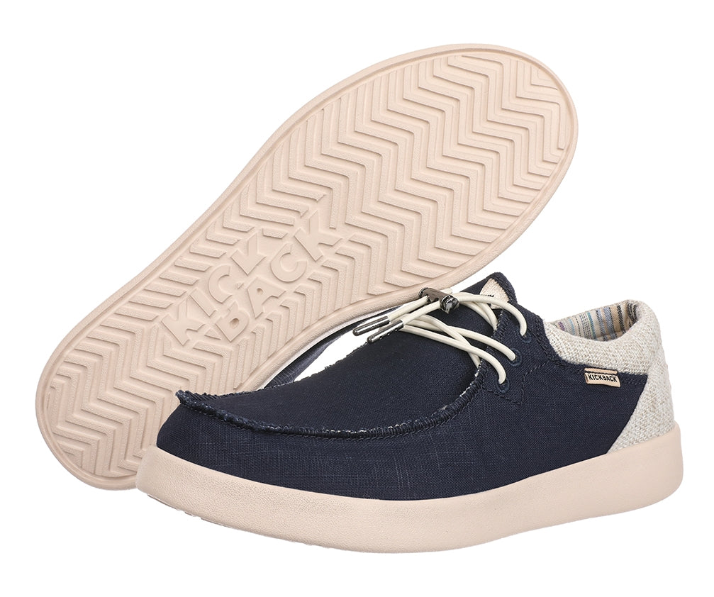 Men's Kickback Haven lightweight ramie linen shoes in Navy with elastic laces.
