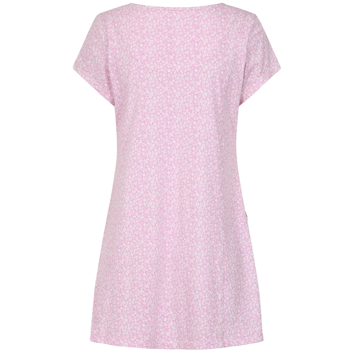Back view of a womens Lazy Jacks short sleeve LJ116 tunic in pink with a white ditsy floral pattern