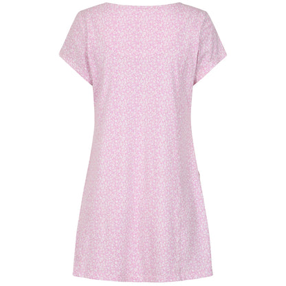Back view of a womens Lazy Jacks short sleeve LJ116 tunic in pink with a white ditsy floral pattern
