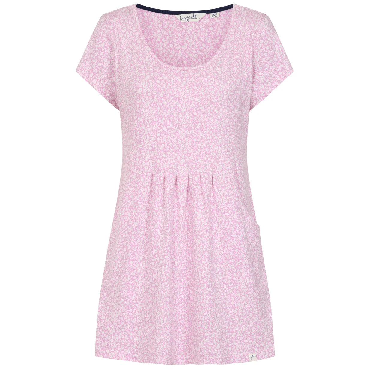Front view of a womens Lazy Jacks short sleeve LJ116 tunic in pink with a white ditsy floral pattern