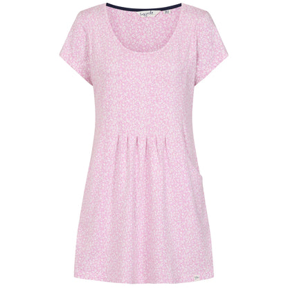 Front view of a womens Lazy Jacks short sleeve LJ116 tunic in pink with a white ditsy floral pattern