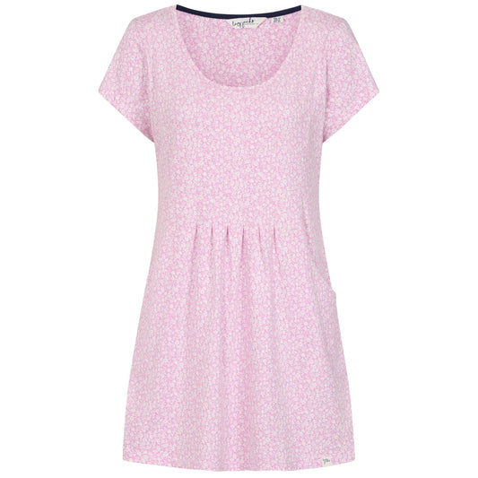 Front view of a womens Lazy Jacks short sleeve LJ116 tunic in pink with a white ditsy floral pattern