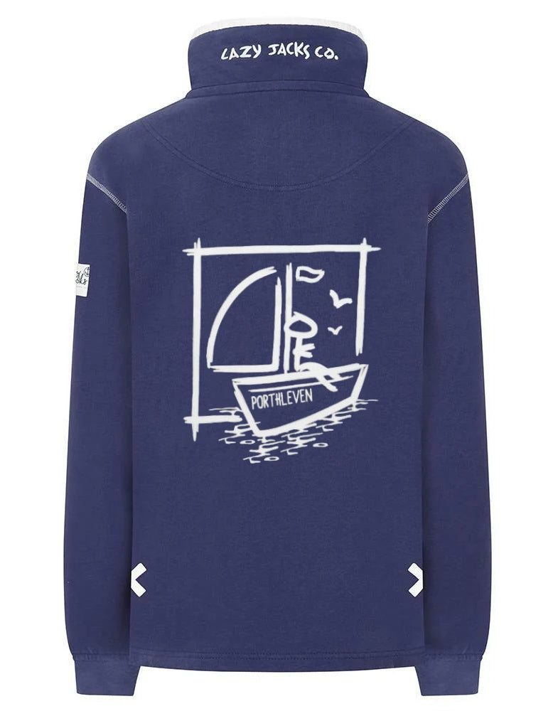 Main view of a navy blue Lazy Jacks women's sweatshirt with a boat print on the back and Porthleven place name. The sweatshirt has a 1/4 zip neckline, elasticated cuffs, and a logo patch on the sleeve.