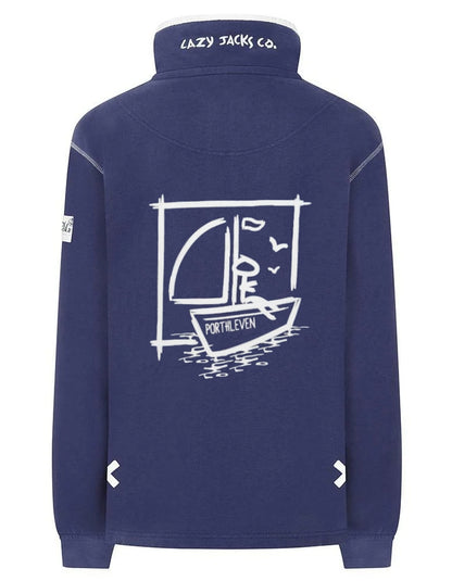 Main view of a navy blue Lazy Jacks women's sweatshirt with a boat print on the back and Porthleven place name. The sweatshirt has a 1/4 zip neckline, elasticated cuffs, and a logo patch on the sleeve.