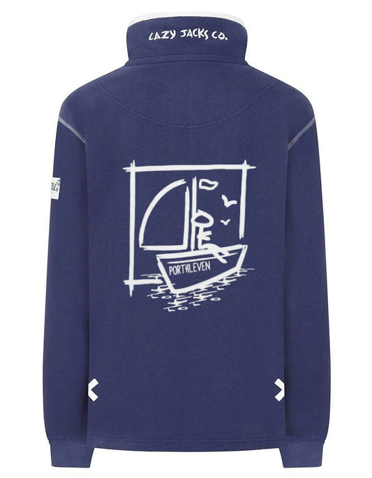 Main view of a navy blue Lazy Jacks women's sweatshirt with a boat print on the back and Porthleven place name. The sweatshirt has a 1/4 zip neckline, elasticated cuffs, and a logo patch on the sleeve.