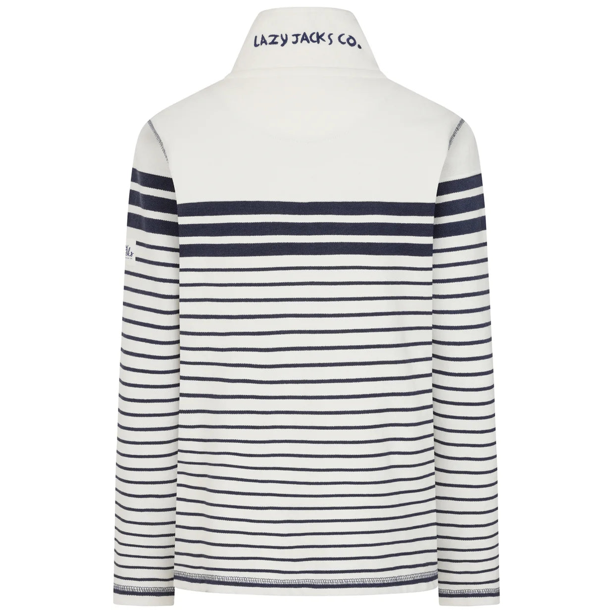 Back view of a womens Lazy Jacks LJ304S full zip stripe sweatshirt in off white with Twilight navy stripes.