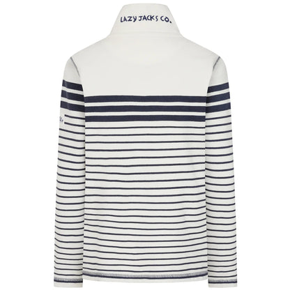 Back view of a womens Lazy Jacks LJ304S full zip stripe sweatshirt in off white with Twilight navy stripes.