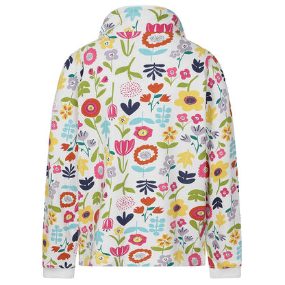 Back view of a kids Lazy Jacks LJ35CP 1/4 zip sweatshirt in white with a vibrant multicolour floral 'Bouquet' print