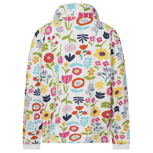 Back view of a kids Lazy Jacks LJ35CP 1/4 zip sweatshirt in white with a vibrant multicolour floral 'Bouquet' print