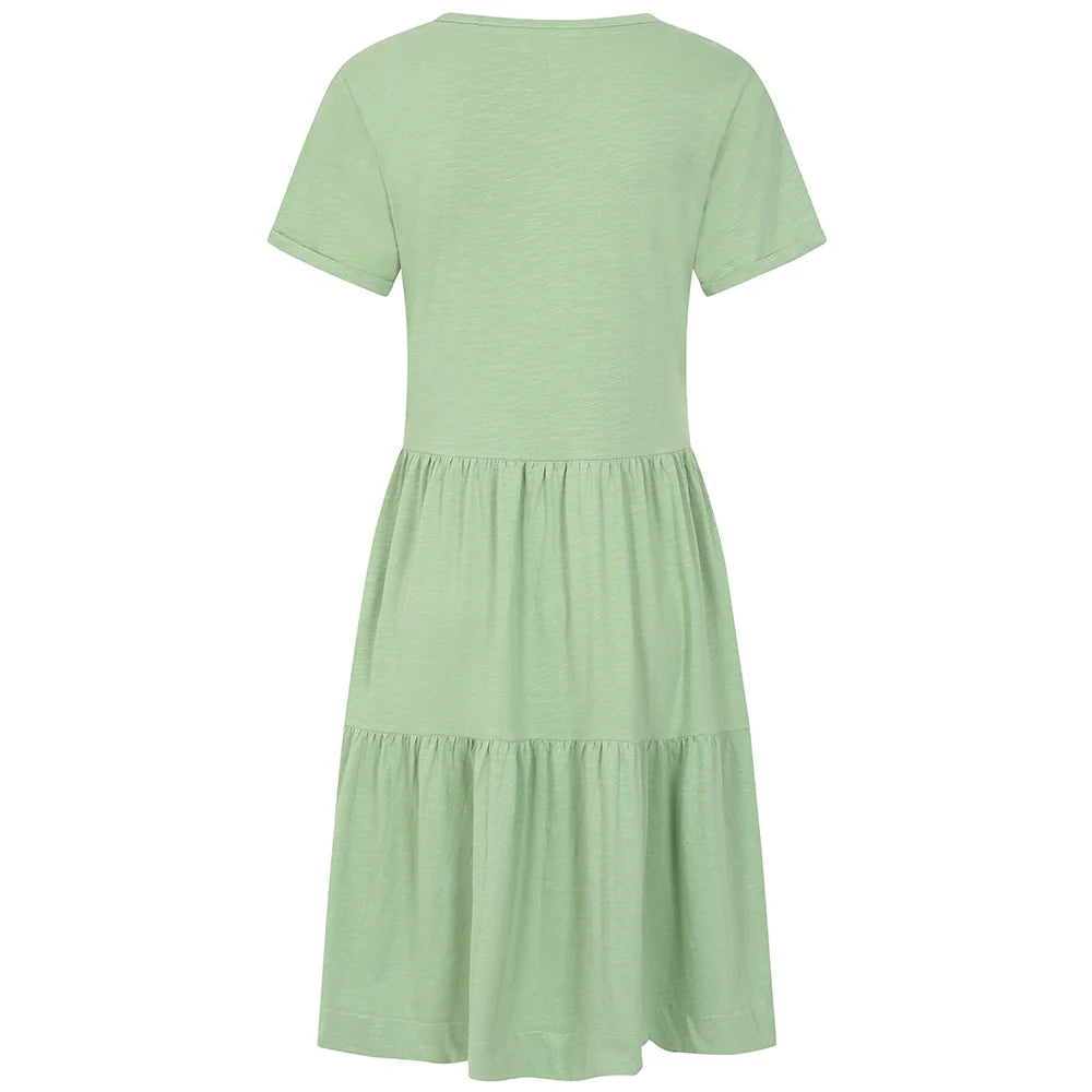 Back view of a women's Lazy Jacks LJ524 short sleeve tiered dress in grass green.