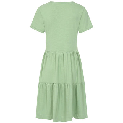Back view of a women's Lazy Jacks LJ524 short sleeve tiered dress in grass green.