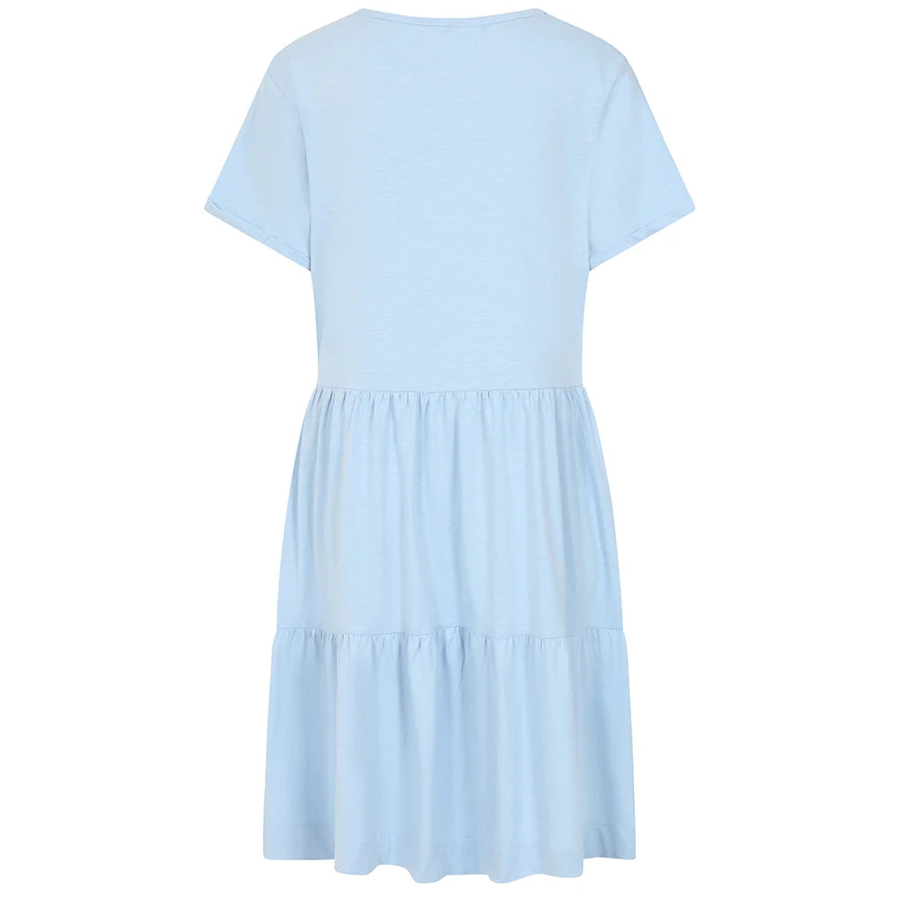 Back view of a women's Lazy Jacks LJ524 short sleeve tiered dress in sky blue.
