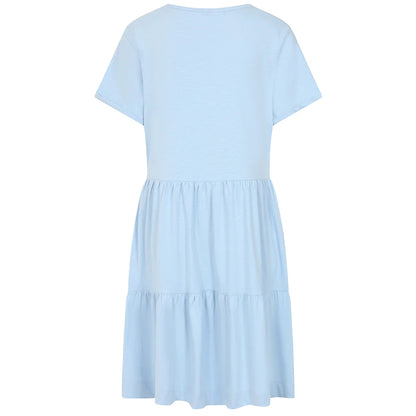 Back view of a women's Lazy Jacks LJ524 short sleeve tiered dress in sky blue.