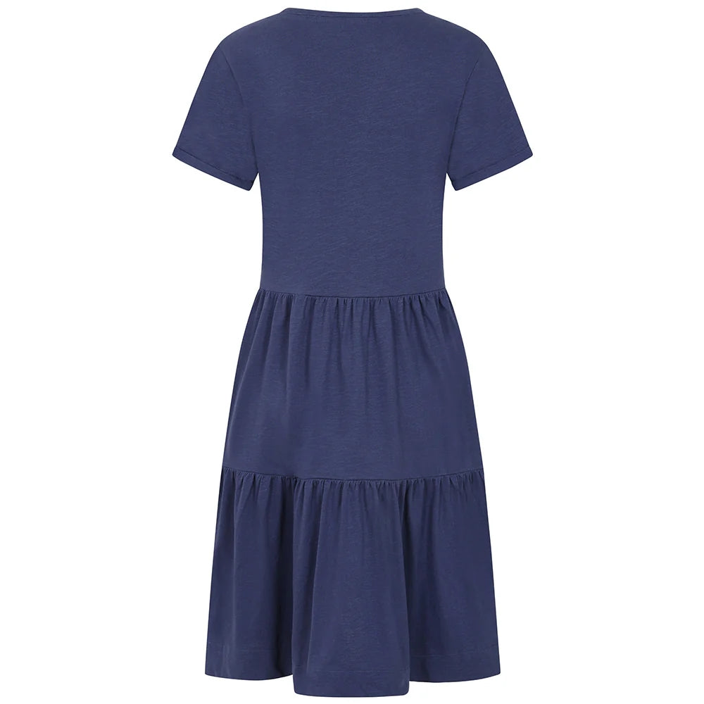Back view of a women's Lazy Jacks LJ524 short sleeve tiered dress in twilight blue.