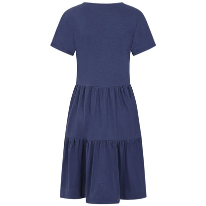 Back view of a women's Lazy Jacks LJ524 short sleeve tiered dress in twilight blue.